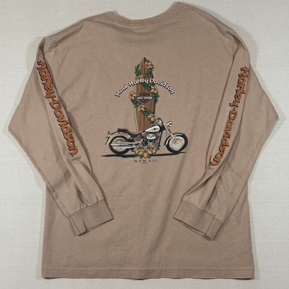 Y2K Harley-Davidson Maui Hawaii Long Sleeve Graphic T-Shirt Tan Mens Medium